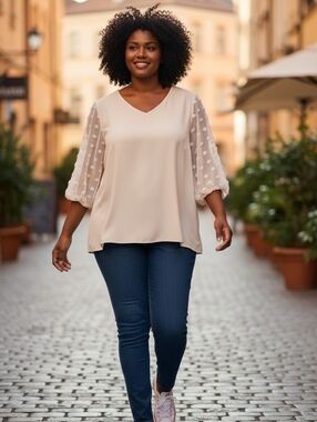 Sheer Cream Blouse with Sheer Sleeves Approx Sz 1XL Pit To Pit 24 L 24 NWOT